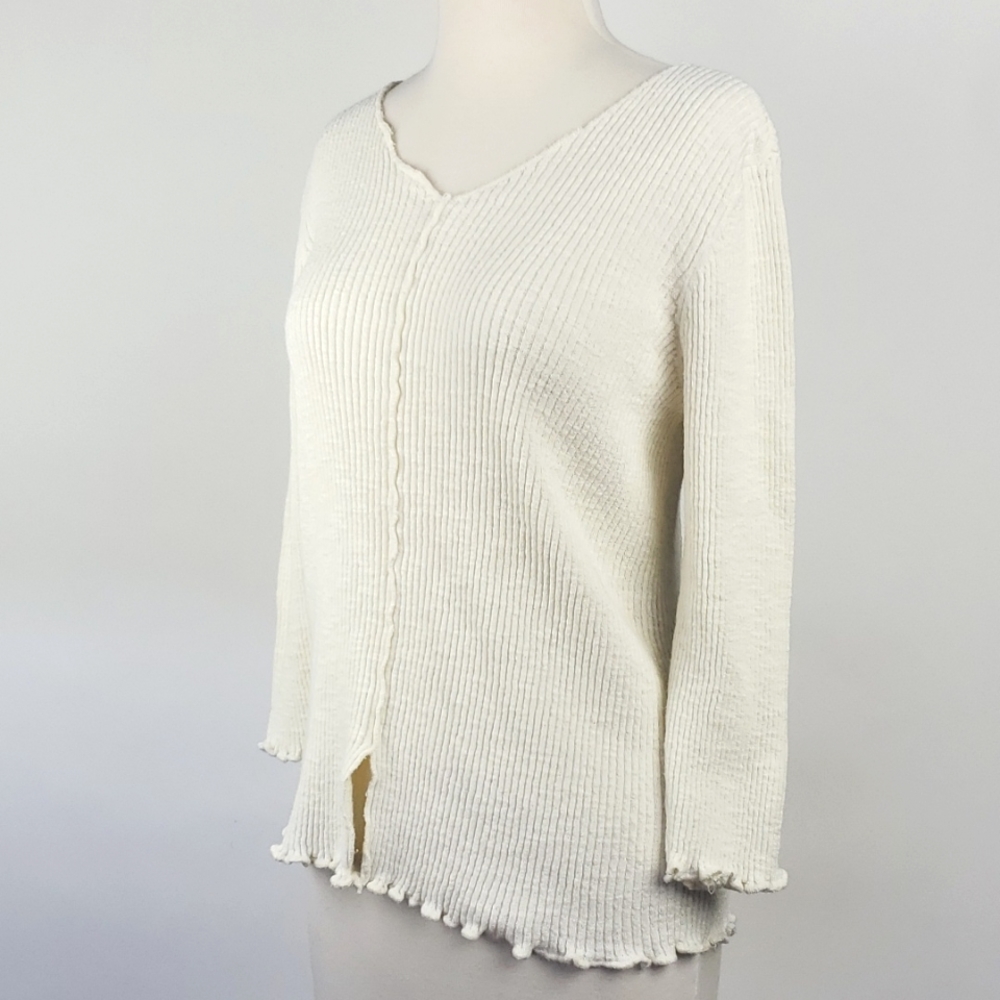 J. Jill Cream Knit Three Quarter Sleeve V-Neck Sweater, Size Medium